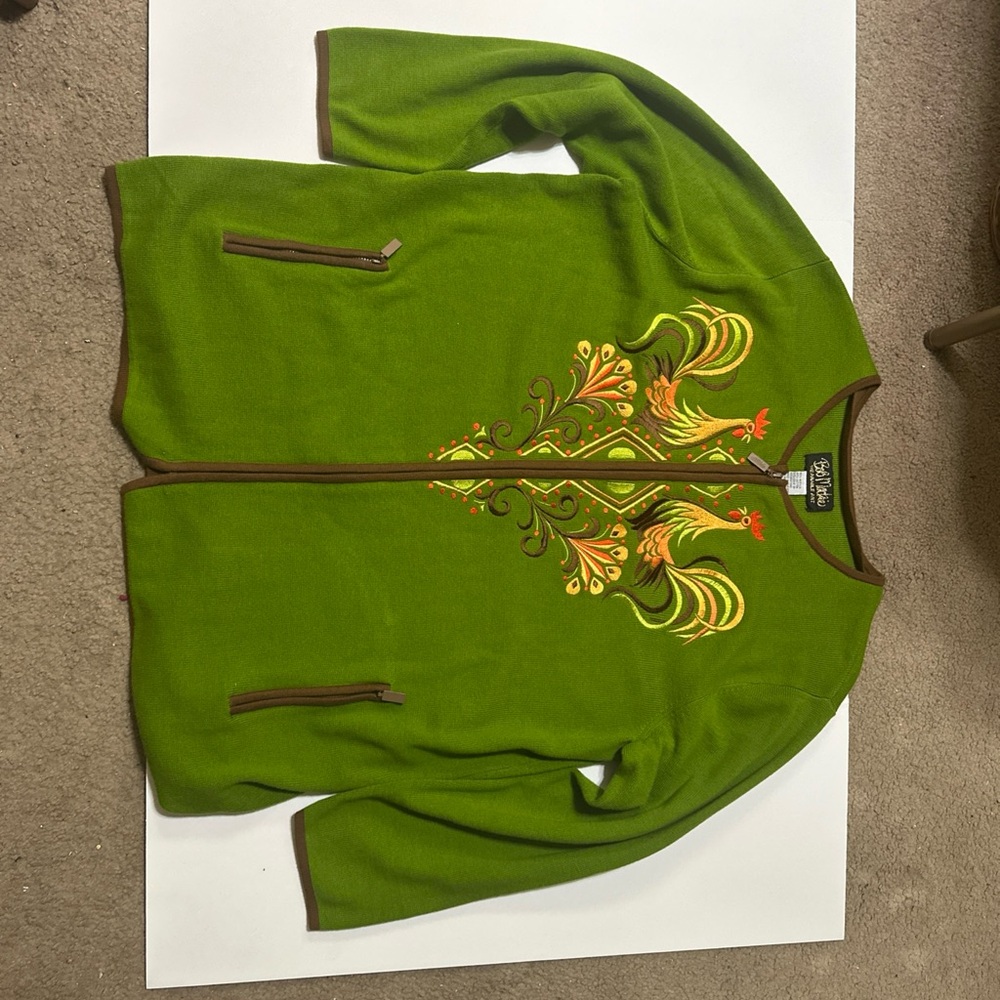 Bob Mackie wearable art women’s Green Embroidered Zip-Up sweater